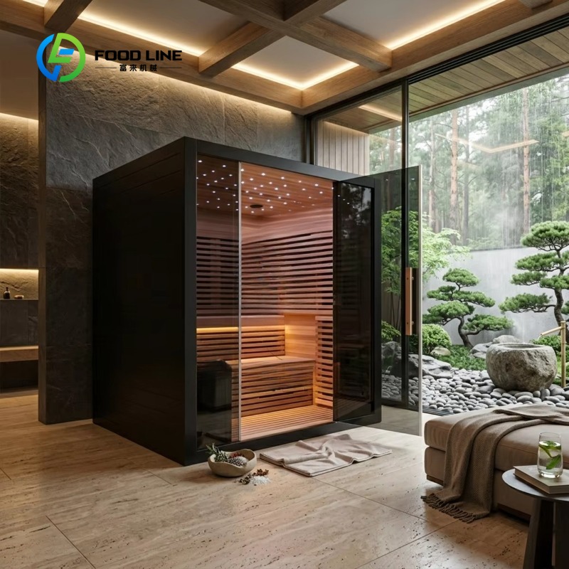 Spa Wellness Design - 高級屋内赤外線サウナ室、全面ガラスフロント、ブラックデザイン、遠赤外線ホームスパ、ウェルネスリカバリー用サウナキャビン、シーダー製