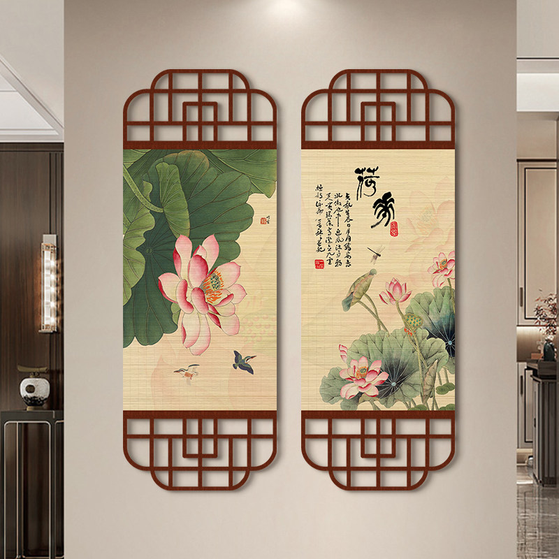 Spa Wellness Design - スパの受付やウェルネスラウンジに最適な、伝統的な蓮の花の植物モチーフと中国書道を組み合わせた竹製スラット壁飾り。