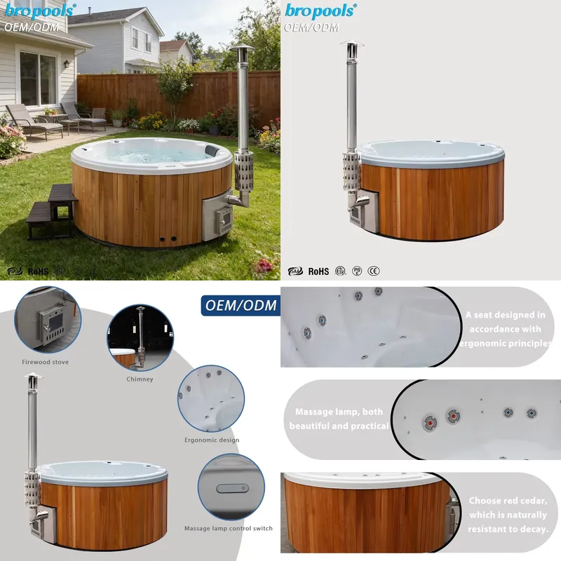 Spa Wellness Design - 4人用シダーアクリル製ジェットバス、モダンな丸型デザイン、LEDライト付きスパホットタブで健康とリラクゼーションを。