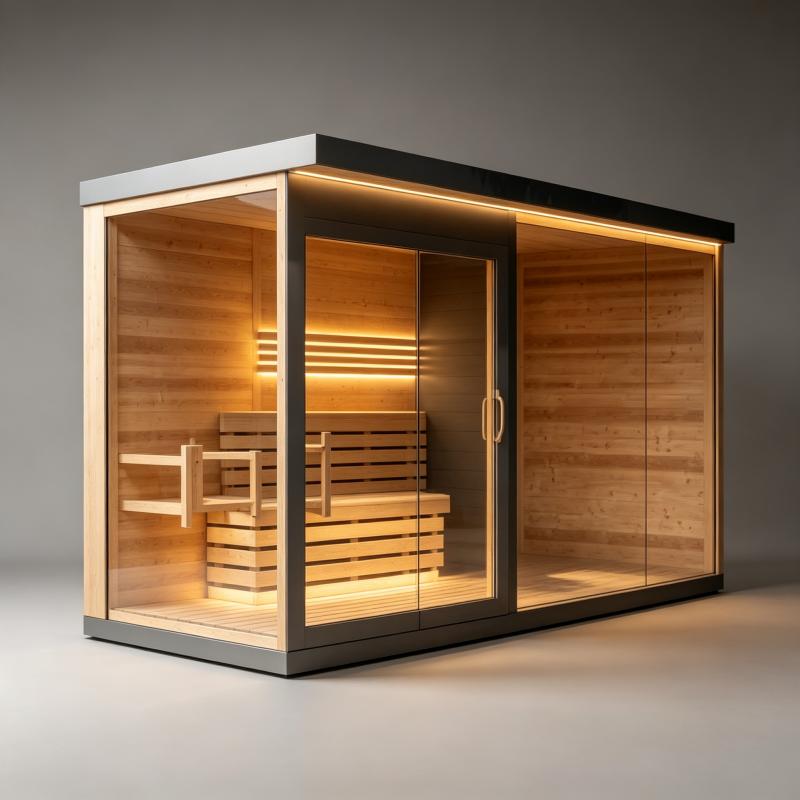 Spa Wellness Design - モダンなサウナ室、カスタムデザインの豪華な木製キャビン、屋内ホームスパウェルネス設備